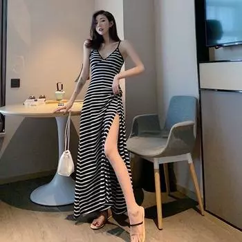 Маленькое черное платье на бретельках, сексуальное мягкое черное платье с v-образным вырезом на подкладке в стиле ретро, длинное черное платье с боковым разрезом для женщин S черный белый