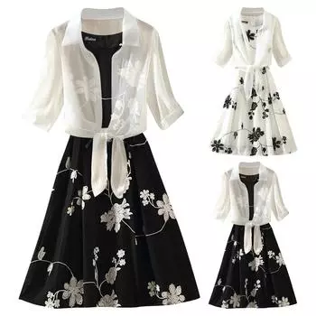 Маленькое черное платье с принтом в стиле ретро, высокой талией и юбкой А-силуэта без рукавов для утягивающего эффекта, комплект из двух частей L чёрный