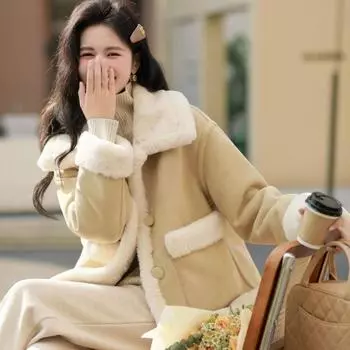Маленькое короткое пальто 2024 года, новое верхнее пальто с мехом Майяра, корейская версия, искусственный мех, интегрированный лацкан ягненка, утолщенный S 85-50 kg хаки
