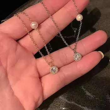 Маленькое квадратное бриллиантовое ожерелье для девочек, легкая роскошная цепочка на ключицу с кубическим цирконием и искусственным жемчугом