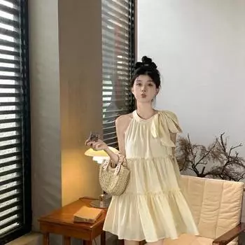 Маленькое летнее платье без рукавов с бретелью через шею: Юбка для отдыха на море во французском стиле 2XL грязно-белый