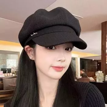 Маленькое лицо, большая окружность головы, восьмиугольная шляпа, женский летний берет, универсальная ретро-шляпа для газетчика M (56-58cm) NN octagonal hat чёрный