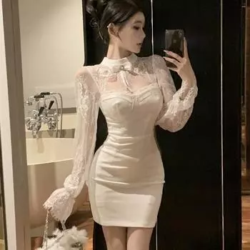 Маленькое подарочное платье, стиль Pure Desire, белое кружевное лоскутное платье с запахом ягодиц S белый