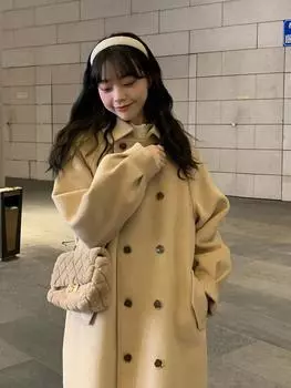 Маленькое шерстяное пальто женское 2024 новое осенне-зимнее утолщенное шерстяное пальто средней и длинной длины тренчкот S