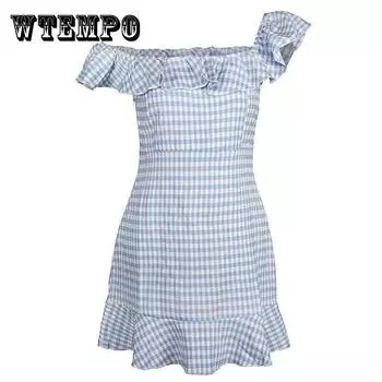 Маленькое свежее клетчатое платье с одной линией и открытыми плечами, женское корейское платье, нежное платье с рюшами и тонкой талией L