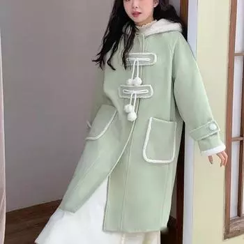 Маленькое утолщенное шерстяное пальто с капюшоном, зима 2024, новое высококачественное нишевое свободное и тонкое шерстяное пальто S зелёный