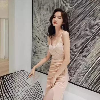 Маленькое узкое платье банкетное новое подтяжка бедра юбка день рождения вечеринка маленькое черное платье короткое женская вечеринка S чёрный