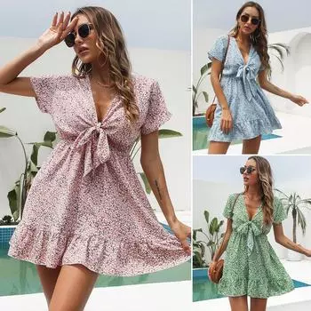 Маленькое женское платье с цветочным принтом и рюшами спереди, с глубоким V-образным вырезом и короткими рукавами, элегантное женское мини-платье L светло-синий