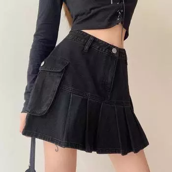 Mall Goth Y2K Джинсовые юбки с высокой талией E-girl Эстетика Черные джинсовые плиссированные юбки с большими карманами Наряды в стиле гранж-панк