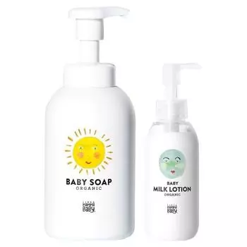 Mama Baby Baby Soap (foam type for whole body) x Baby Milk Lotion Set Additive-free, fragrance-free, organic, hard to stain eyes, from newborns (400mL