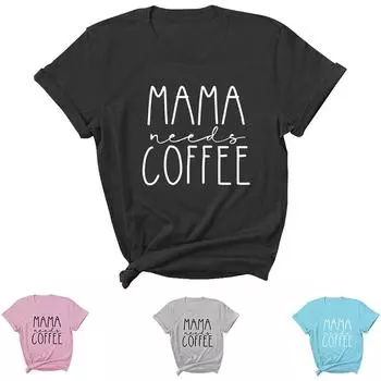 Mama Coffee Letter Printed Летние повседневные футболки из чистого хлопка с короткими рукавами и круглым вырезом для женщин S чёрный