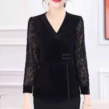 Мама осенняя нижняя рубашка золотистый бархат футболка женская весна и осень время V-образный вырез мясо-покрытие и тонкий топ XL чёрный