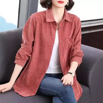 Мама рубашка с длинными рукавами женская весна новый свободный внешний вид с однотонным воротником поло топ для поездок на работу M розовый