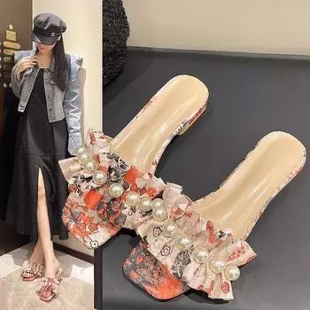 Mama Стразы пайетки крупные цветочные женские тапочки на среднем каблуке повседневные банкетные модные вечерние женские тапочки 2024 35 красный