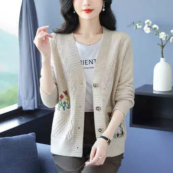 Мама свитер кардиган куртка женская осень и зима свободный внешний однотонный модный трикотажный топ One size зелёный