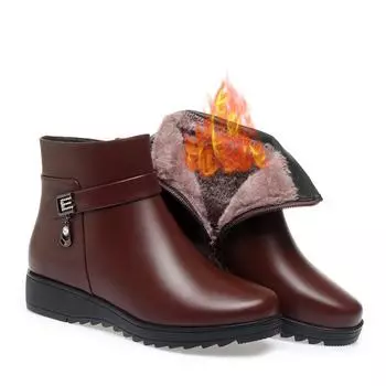 Мама Теплые Хлопковые Мягкие Туфли Женские Зимние Флисовые На Молнии Сбоку Толстая Подошва Короткие Ботинки Повседневные Круглый Носок Плоская Подошва Ботинки 35(Foot22.5cm)