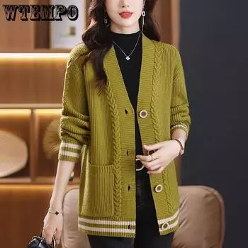 Мама вязаный кардиган свитер пальто осень новый универсальный наряд большой свободный осенне-зимний свитер кардиган S хаки
