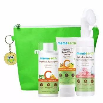 Mamaearth Natural Cleanse & Tone Kit с бесплатной сумкой( Витамин С - Средство для умывания лица 100 мл + Тонер с витамином С 200 мл + Пенка для снятия макияжа с мицеллярной водой 150 мл)