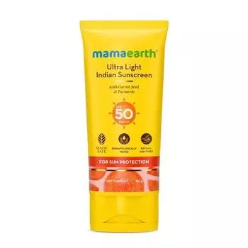 Mamaearth Ultra Light Indian Sunscreen-80 г с семенами моркови и куркумой | SPF 50 PA ++++| Защита от UVA и UVB лучей | Нежирный и быстро впитывающийся