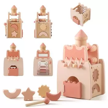 Mamimami Home Shape Fitting Puzzle Shape Matching Fitting Wooden Puzzle Box Игрушка Монтессори Распознавание форм Игра кончиками пальцев Развивающая игрушка Дети розовый