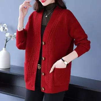 Мамин осенний вязаный кардиган, верхний вязаный свитер, женский свитер-жакет больших размеров для женщин среднего и пожилого возраста, весенне-осенний 6XL красный