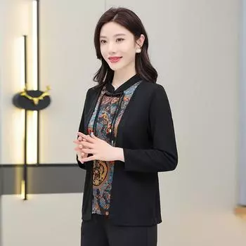 Мамин топ весна-осень 2024 года поддельные две футболки для женщин среднего и пожилого возраста рубашка с длинными рукавами одно пальто XL красный