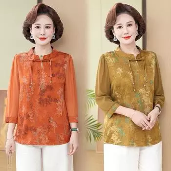 Мамина летняя рубашка из шифона с рукавами семь четвертей 2024 года, новая одежда для женщин среднего возраста, весна и осень, топ в иностранном стиле XL оранжевый