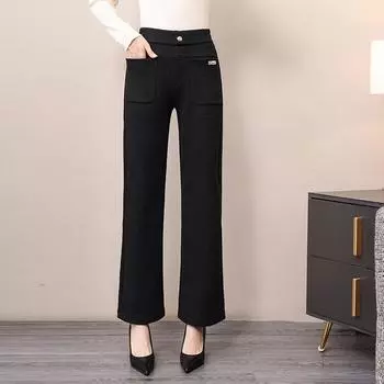 Мамины плюшевые шерстяные узкие брюки прямого покроя для женщин на осень и зиму, новые, с высокой талией, тонкие и струящиеся, высококачественные широкие брюки XL чёрный