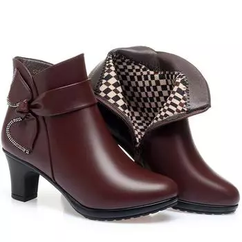 Мамины туфли из мягкой кожи и хлопка на осень/зиму 2021 года, новые короткие сапоги с толстым бархатным каблуком и бантом для женщин среднего возраста 36