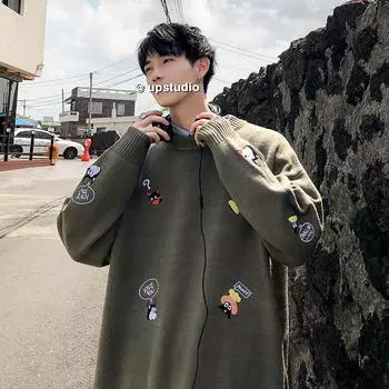 Мужской мультфильм вышивка легкий свитер вязание без подкладки верхняя одежда свободное пальто L синий