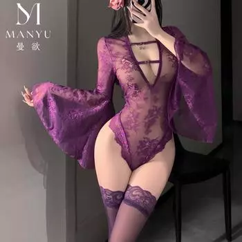 Мужское Желание Сексуальное Белье Сексуальная Перспектива Комбинезон Чистое Желание Расклешенный Рукав Кружевная Пижама Глубокий V Вырез Полый Костюм 9392 average size [80-60kg]