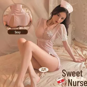 Маньян Сексуальное Женское Белье: Комплект из прозрачной мягкой пряжи: юбка с разрезом и симпатичная униформа медсестры 9040 One Size