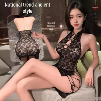 Man Yan Сексуальное ципао с кружевной шнуровкой под воротником-мандарином, застежкой-лягушкой и прозрачной спиной - Комплект нижнего белья 9188 One size