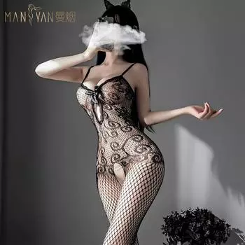 Man Yan Sexy Lingerie Bow Bodysuit with Suspenders & Hollow Out Design - Erotic Stocking Style 7943 One Size