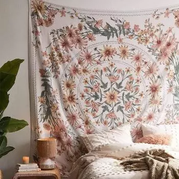 Мандала Цветочный медальон Гобелен, Эскиз Цветочного Растения Бохо Настенный Ковер, Богемный Хиппи Гобелены для Спальни Гостиной Общежития Домашний Декор 100x150cm разноцветный