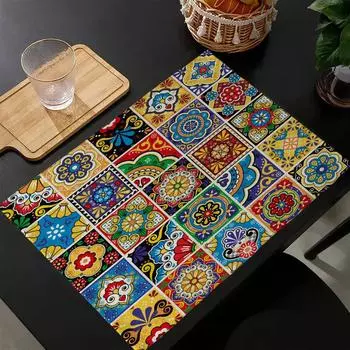 Mandala Pattern Boho Style Linen Dining Table Mats Alphabet Kitchen Placemat 30X40cm Coasters Pads Bowl Cup Mat 1PC 30X40cm