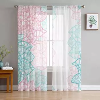 Мандала с цветочной линией и текстурой, современные тюлевые шторы для гостиной, спальни, дома, кухни, окна, прозрачные шторы 135W x 114H(cm)