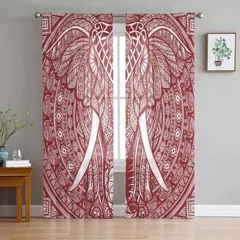 Мандала Слон Красный Тюль Шторы Балкон Комната Мода Печатный Sheer Шторы Гостиная Окно Современный Декор 135W x 114H(cm)