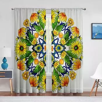 Мандала желтые цветы яркий геометрический узор прозрачные вуалевые шторы для гостиной спальни окна прозрачные тюль шторы 1 PCS W100XH250cm&Rod Pocket