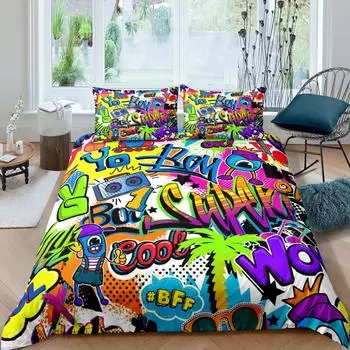 Manfei Rock Roll Duvet Cover Set Queen Size Headset and Guitar Print Bedding Set 3pcs,Music Theme Comforter Cover Graffiti Style 155x215cm 3pcs