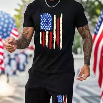 Manfinity День независимости, комплект из 2 предметов, мужская модная повседневная футболка с короткими рукавами и принтом американского флага и спортивные шорты, комплект S чёрный