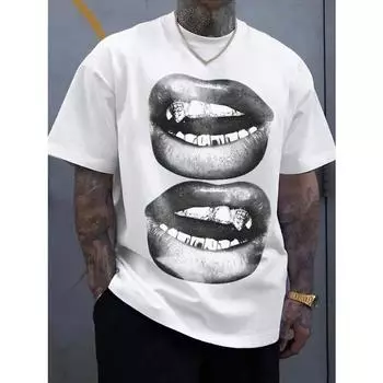 Manfinity EMRG Белый топ в уличном стиле с полноценным черно-белым рисунком в виде рта, подойдет под летнюю мужскую футболку. L