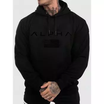 Manfinity Fitness Мужская повседневная однотонная толстовка с длинным рукавом с принтом букв и карманом на шнурке, спортивная толстовка с капюшоном для мужчин, толстовка для бега S