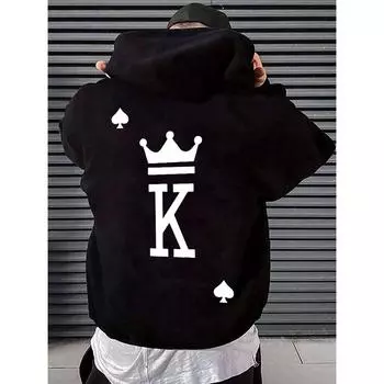 Manfinity Homme Men Plus Playing Card King Letter Print Long Sleeve Casual Work Drawstring Hooded Hooded Hooded Shirt S