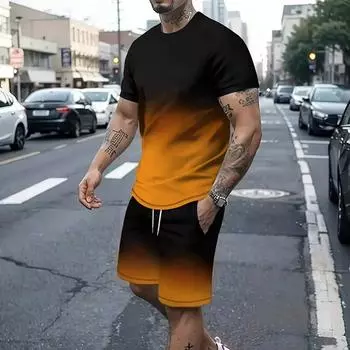 Manfinity Homme Мужская летняя повседневная футболка с круглым вырезом и коротким рукавом с цветным принтом и шорты на шнурке на талии S