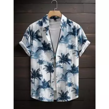 Manfinity RSRT Мужская рубашка с принтом тропического кокосового дерева, повседневный воротник, короткий рукав, застежка на пуговицы, стиль отпуска S