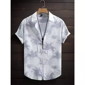 Manfinity RSRT Мужская рубашка с принтом тропического кокосового дерева, повседневный воротник, короткий рукав, застежка на пуговицы, стиль отпуска S