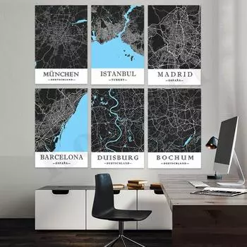 Мангейм Билефельд Вупперталь Бохум Дуйсбург Барселона Бирмингем Лондон Мадрид Стамбул Мюнхен. Художественный плакат с картой города 21cm30cm NoFrame