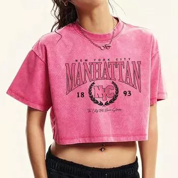 Manhattan 1893 Creative Printing Washed T Shirt Female Cotton Retro Tee Shirt Fashion Slim Clothes Street Short Sleeve M