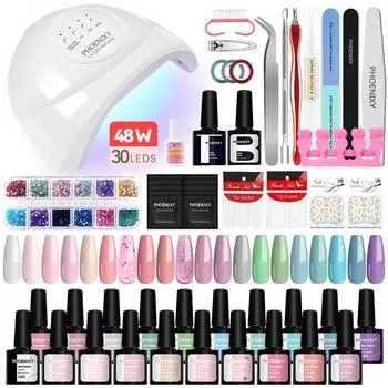 Маникюрный набор PHOENIXY, набор полигелей для ногтей, 48 Вт, лампа для ногтей, полуперманентная лампа Vernis, акриловый гель для наращивания, набор Nagellak SET 1